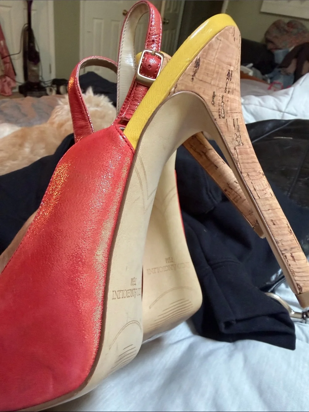 Enzo Angiolini Metallic Coral & Yellow Peep Toe Sling Back Pumps 👠 4” high ~ 7.5